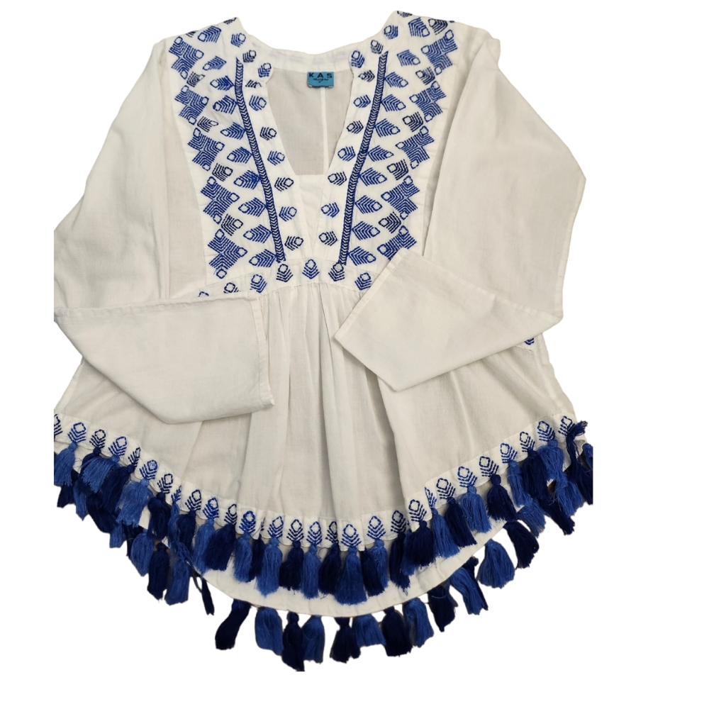 ⚪️ KAS Designs Embroidered Blouse with Tassels Size M